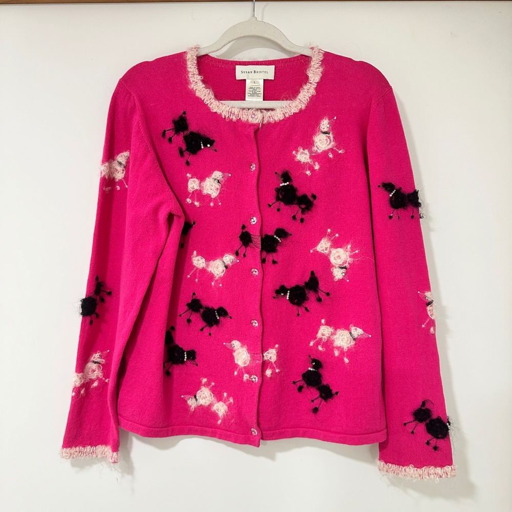Susan Bristol Poodle Cardigan Womens L Pink Hand Embroidered Beaded Knit Sweater